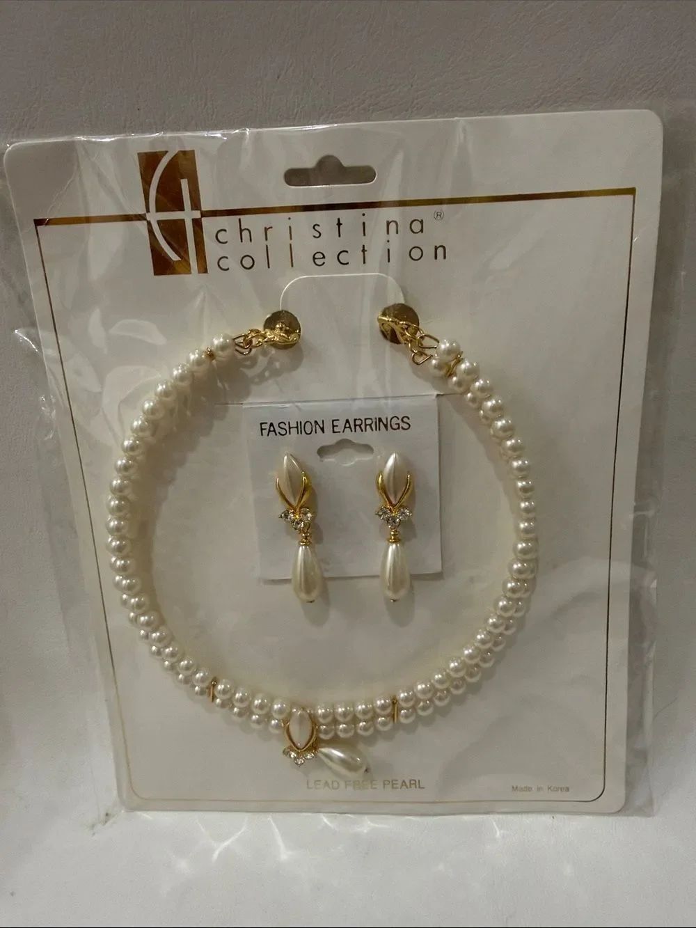Christina Pearl Choker Necklace Rhinestone Gold Drop Pierce Earrings Set New